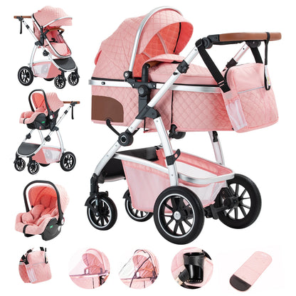 Livoshop 3-in-1 baby travel system with black aluminum frame, adjustable handle, mosquito net, and stroller seat for infants.