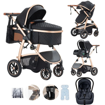 Livoshop 3-in-1 baby travel system with pushchair, aluminum frame, height-adjustable handle, and mosquito net in black.