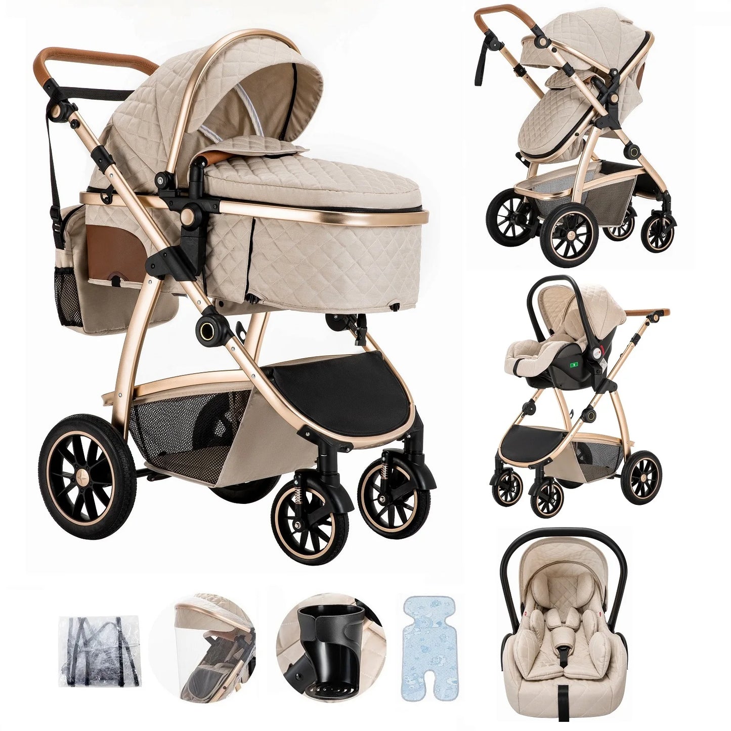 Livoshop 3-in-1 baby travel system with black aluminum frame, adjustable handle, mosquito net, and stroller for infants.