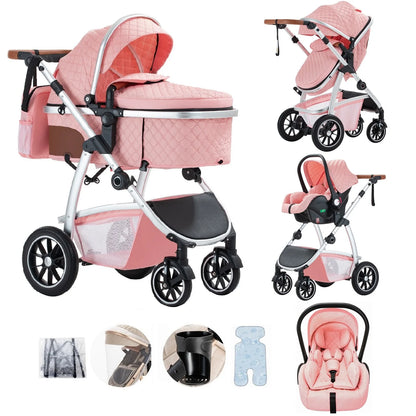 Livoshop 3-in-1 baby pram travel system with black aluminum frame, adjustable handle, mosquito net, and stroller for infants.