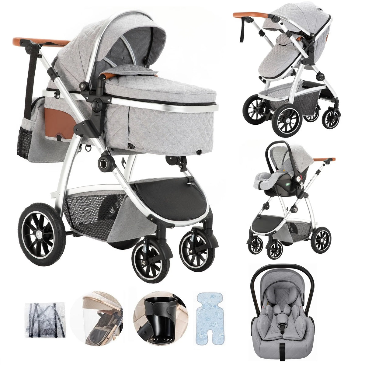 Livoshop 3-in-1 baby pram travel system with black aluminum frame, adjustable handle, mosquito net, and stroller for infants and toddlers.