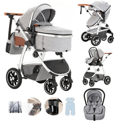 Livoshop 3-in-1 baby pram travel system with black aluminum frame, adjustable handle, mosquito net, and stroller for infants and toddlers.