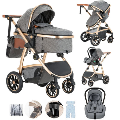 Livoshop 3-in-1 baby travel system with black aluminum pushchair, height-adjustable handle, mosquito net, and versatile stroller features.