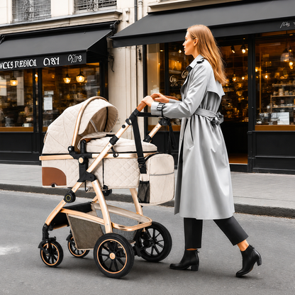 Livoshop 3-in-1 baby travel system with black aluminum frame, adjustable handle, mosquito net, and stroller seat for infants.