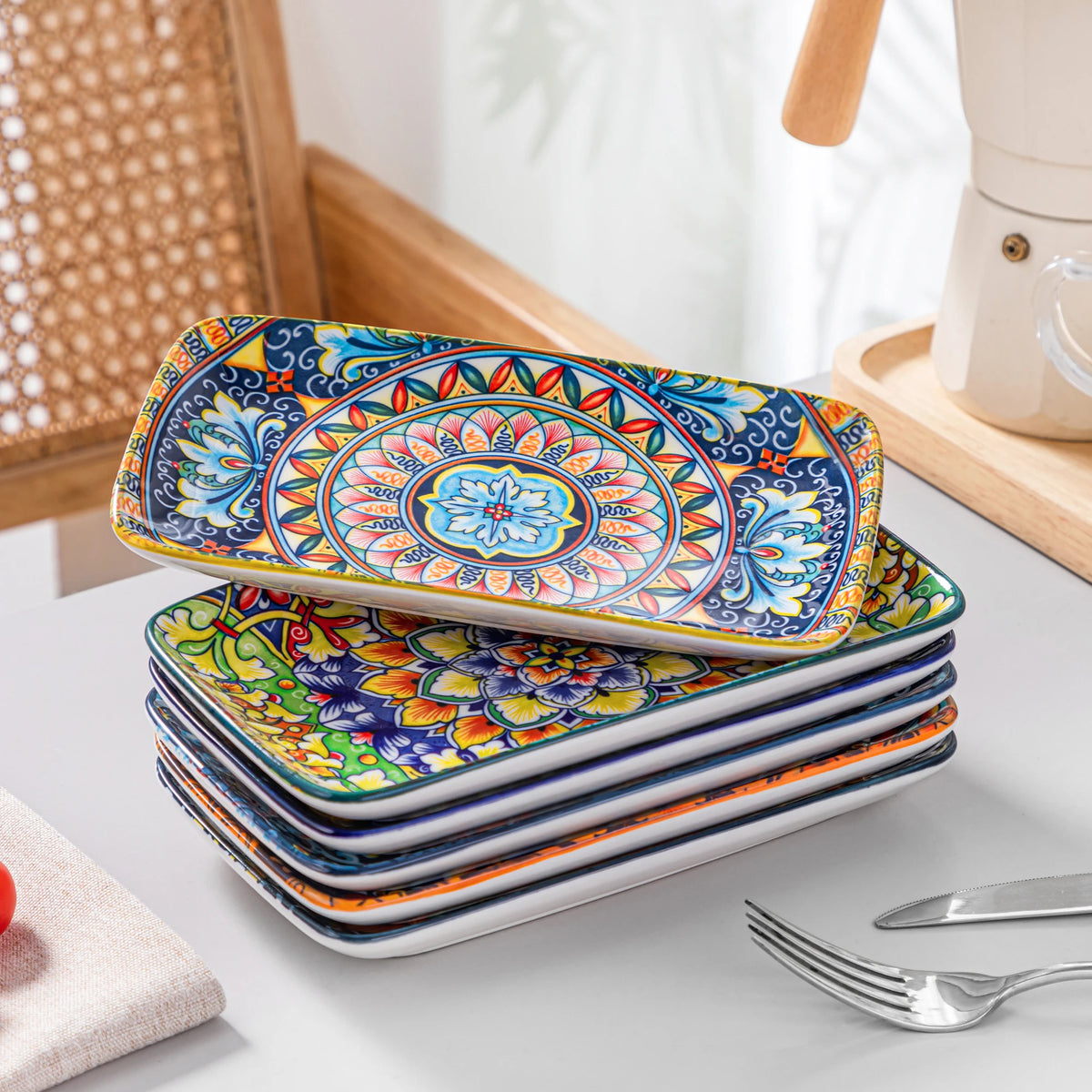 Vancasso 6-piece porcelain rectangular serving plates set featuring bohemian design, 8.5-inch dinner plates for beef, food, noodles, pasta.