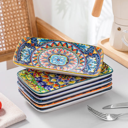 Vancasso 6-piece porcelain rectangular serving plates set featuring bohemian design, 8.5-inch dinner plates for beef, food, noodles, pasta.