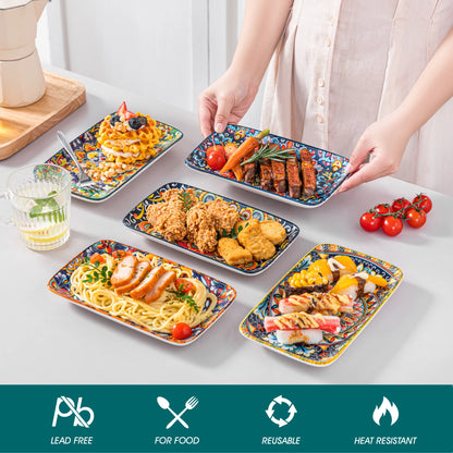 Vancasso 8.5-inch porcelain rectangular serving plates set with 6 pieces, Bohemian style, ideal for beef, food, noodles, and pasta.
