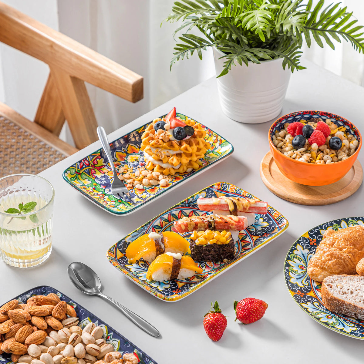 Vancasso 6-piece porcelain rectangular serving plates set by Livoshop, Bohemian style, 8.5-inch dinner plates for beef, pasta, and food
