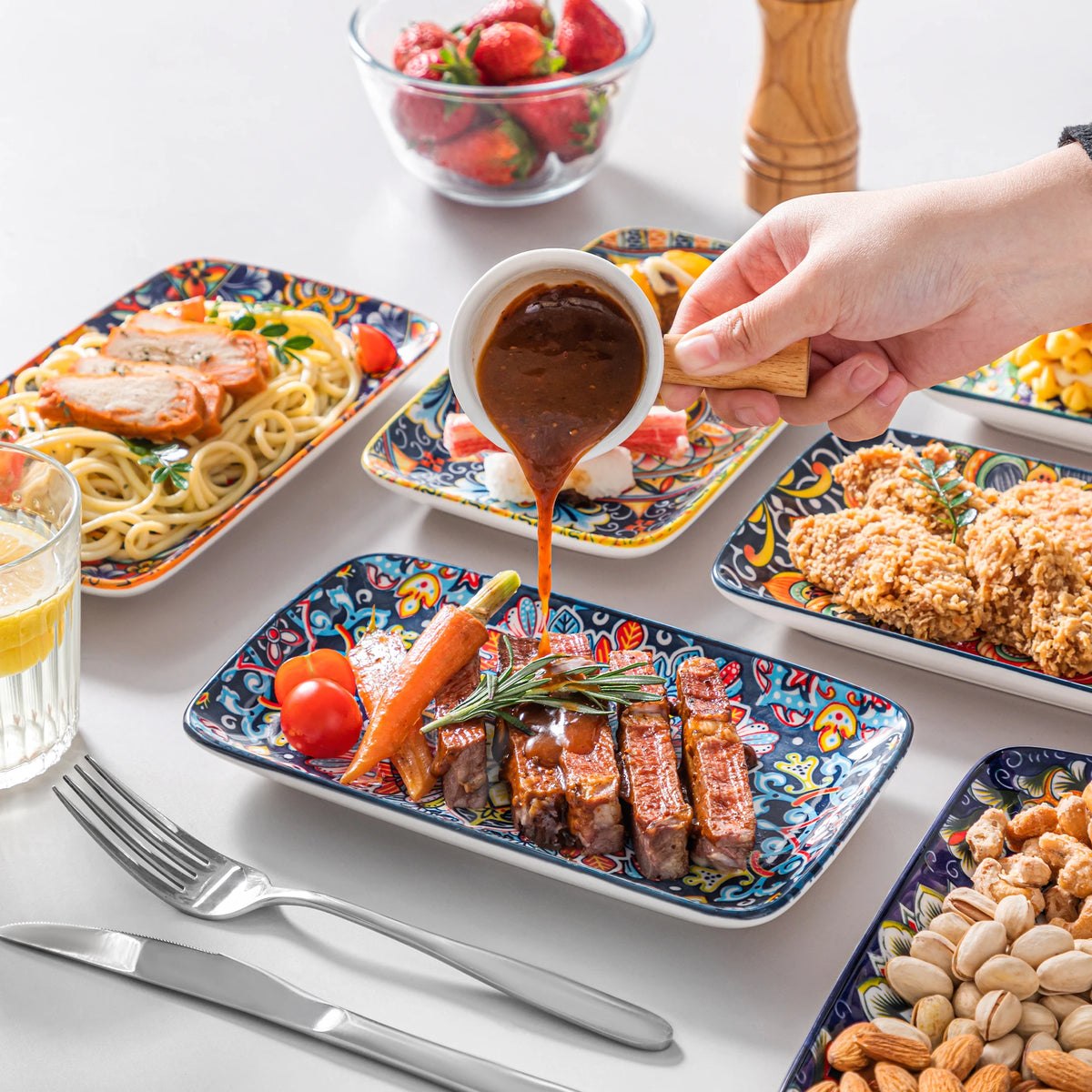 Vancasso 6-piece porcelain rectangular serving plates set by Livoshop, 8.5-inch bohemian dinner plates for beef, noodles, and pasta.