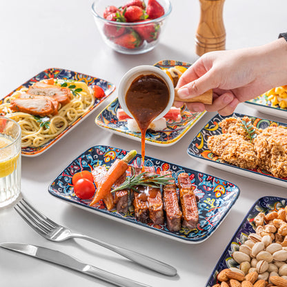 Vancasso 6-piece porcelain rectangular serving plates set by Livoshop, 8.5-inch bohemian dinner plates for beef, noodles, and pasta.