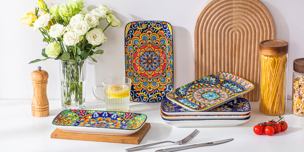Vancasso 8.5-inch porcelain rectangular serving plates set of 6 with bohemian design, ideal for beef, noodles, and pasta.