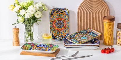 Vancasso 8.5-inch porcelain rectangular serving plates set of 6 with bohemian design, ideal for beef, noodles, and pasta.