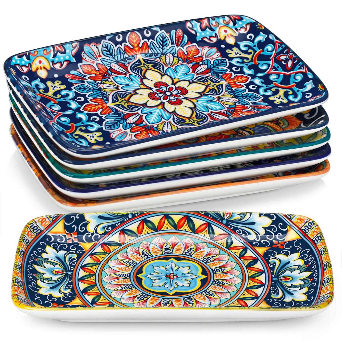Vancasso 8.5-inch porcelain rectangular serving plates set, bohemian style, perfect for beef, noodles, pasta, 6-piece dinnerware set.