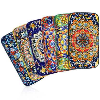 Vancasso 6-piece porcelain rectangular serving plates set with bohemian design, 8.5-inch dinner plates for food, beef, noodles, pasta.