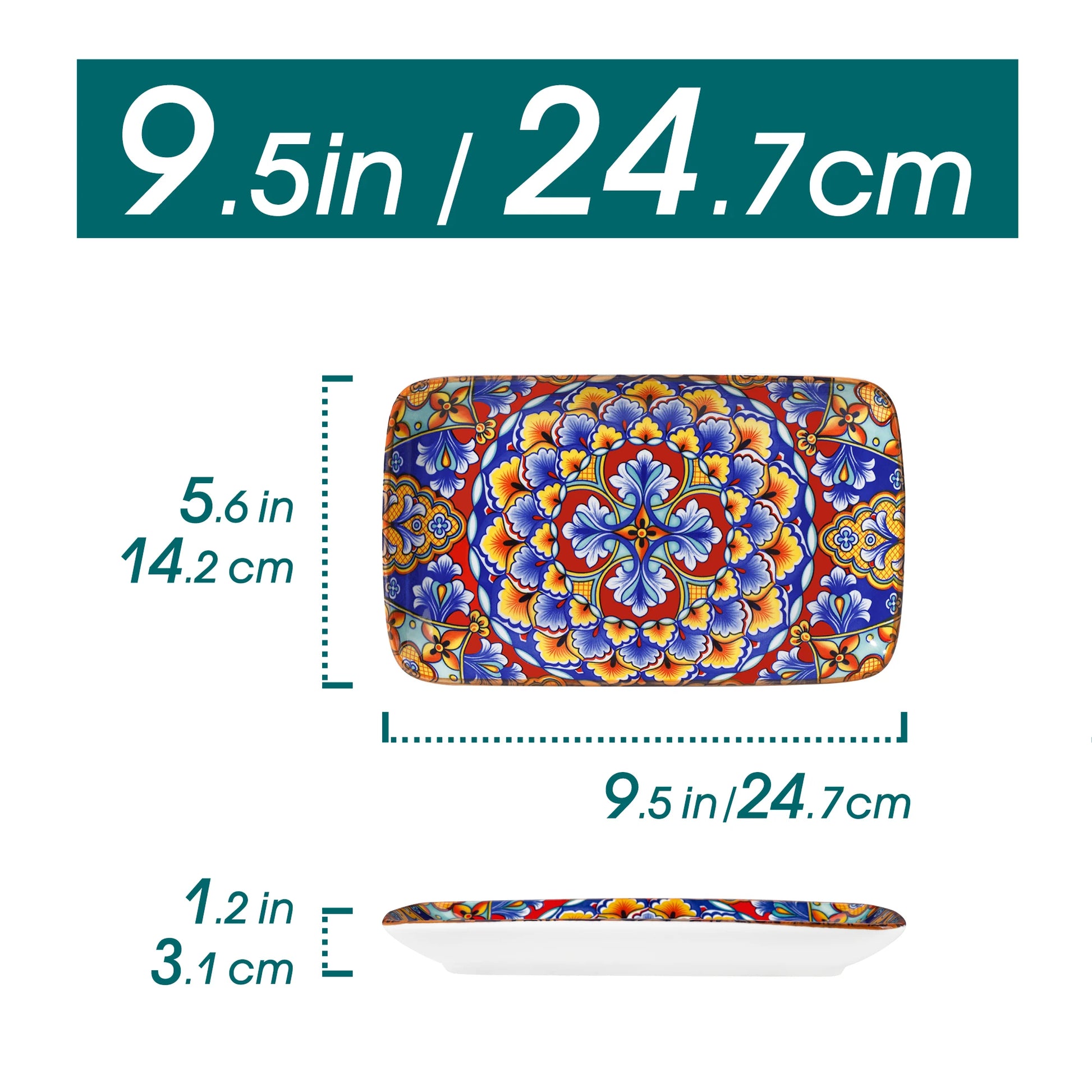 Vancasso 6-piece porcelain rectangular serving plates set, bohemian style, 8.5 inches for beef, noodles, pasta, perfect for 6 people.