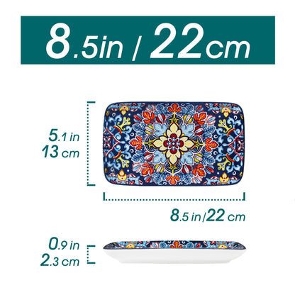 Vancasso 6-piece porcelain rectangular serving plates set with bohemian design, 8.5-inch dinner plates for food, beef, noodles, pasta.