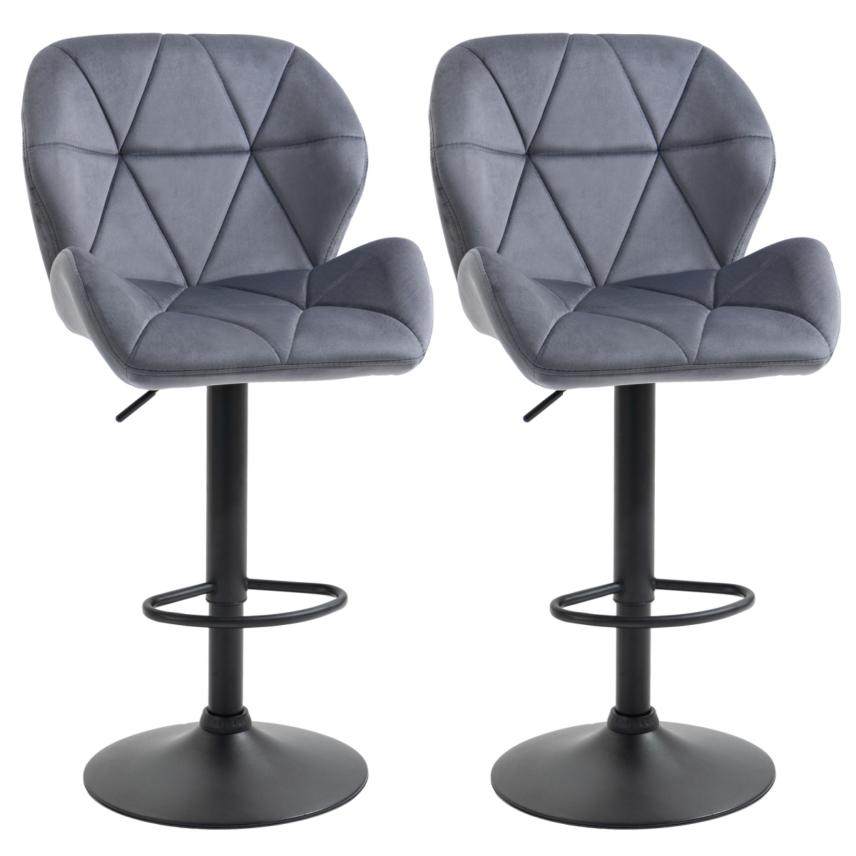 Pair of HOMCOM dark grey fabric bar stools with adjustable height and modern design, showcasing cushioned seats and metal legs.