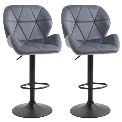 Pair of HOMCOM dark grey fabric bar stools with adjustable height and modern design, showcasing cushioned seats and metal legs.