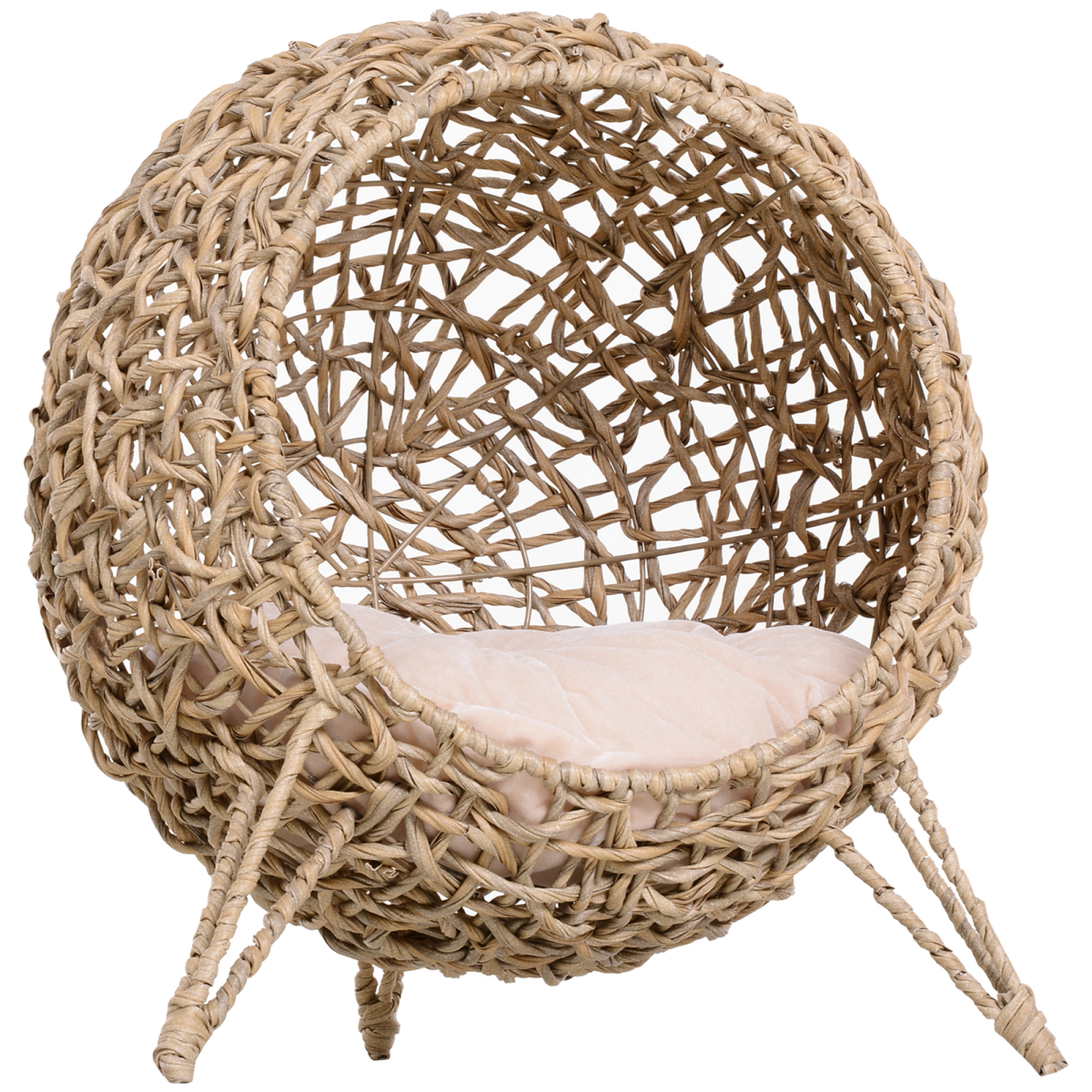 Ball-shaped rattan cat house with natural wood finish, raised cat bed for cozy feline relaxation and play.