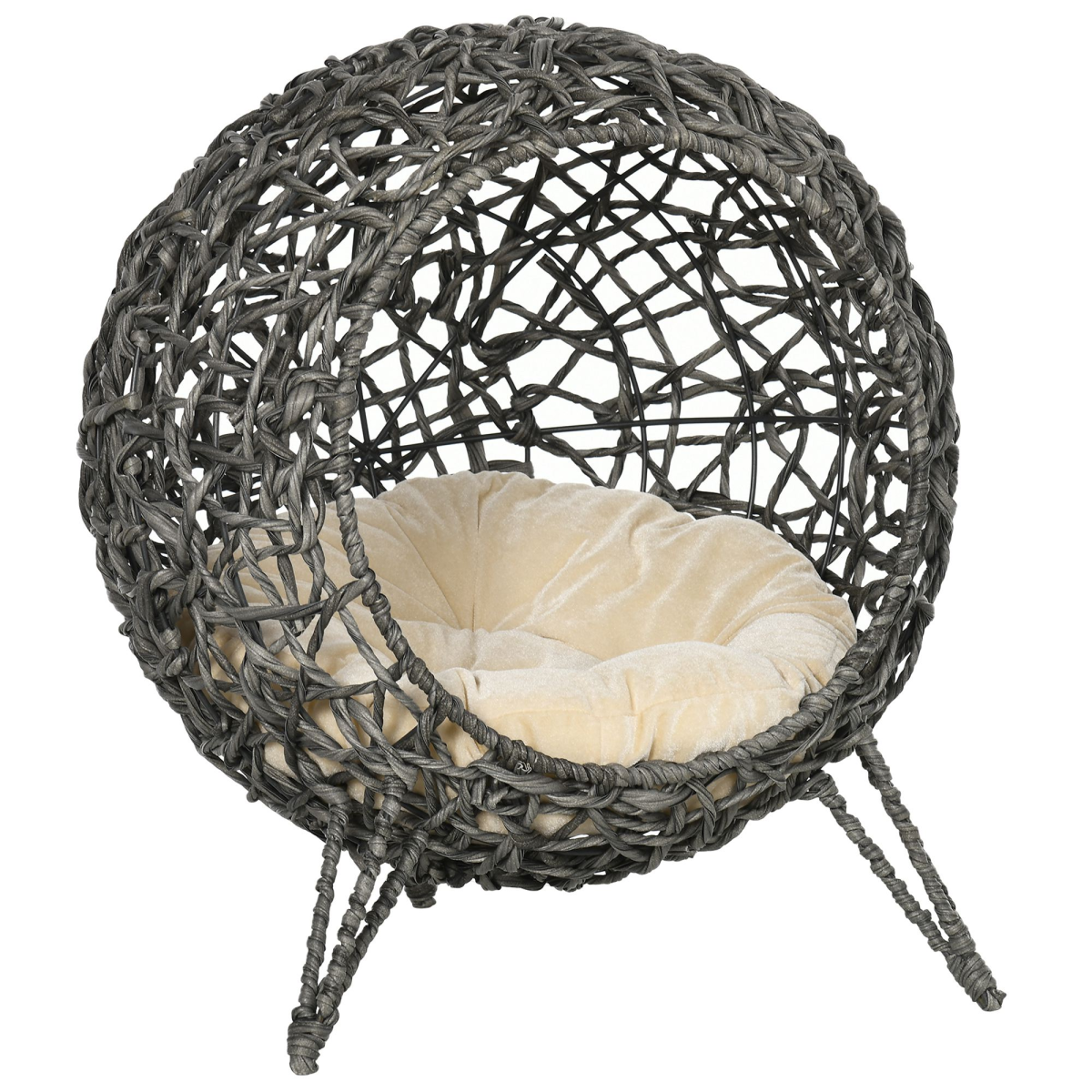 Gray rattan cat house with elevated design, cushioned pet bed for kittens, by PawHut, featuring a silver-tone finish.