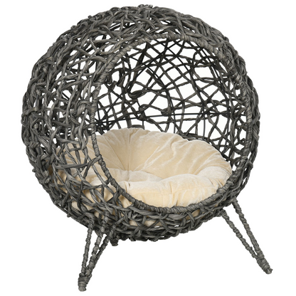 Gray rattan cat house with elevated design, cushioned pet bed for kittens, by PawHut, featuring a silver-tone finish.