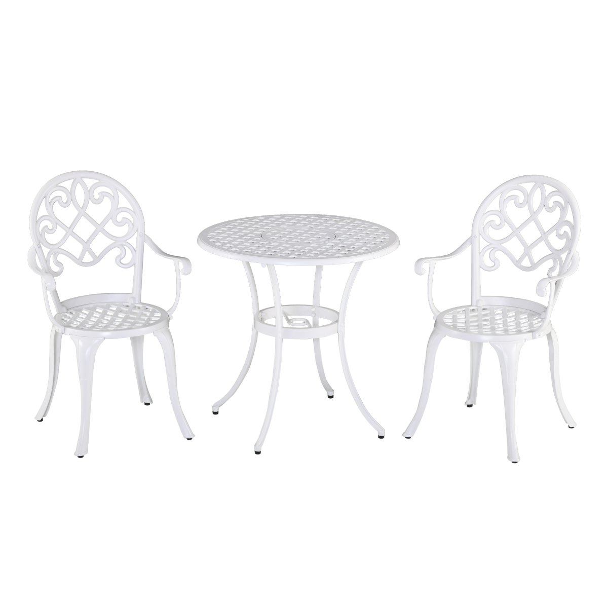 White 3-piece garden bistro set with cast aluminium table and chairs, outdoor patio furniture by Outsunny.