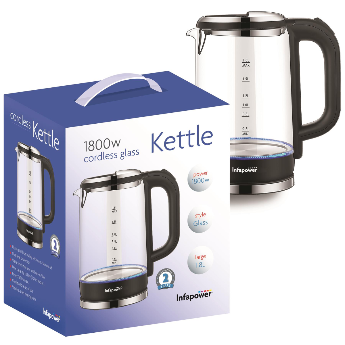 Infapower Glass 1800W cordless kettle with 1.7L capacity and 360° swivel base shown from a front angle.