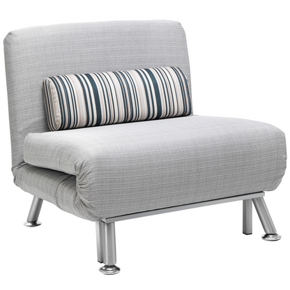 Grey single sofa bed folding chair with steel frame, padded surface, and pillow, ideal for versatile seating and sleeping comfort.