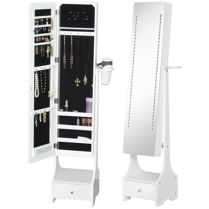 Freestanding jewelry storage mirror armoire with LED lights, hooks, and drawers for organized jewelry display.