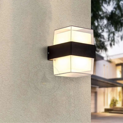 LEDsone Cuboid Box 12W Up/Down IP54 outdoor LED wall sconce light mounted on exterior wall with a sleek black finish