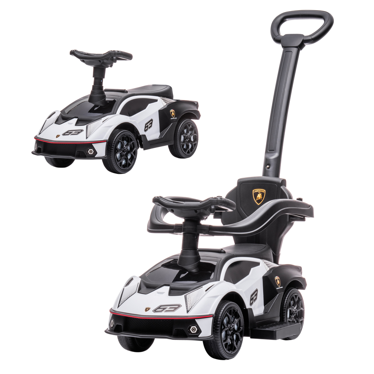 HOMCOM Lamborghini 2-in-1 baby ride-on push car in white with toddler push handle and realistic Lamborghini design.