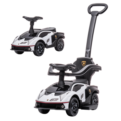 HOMCOM Lamborghini 2-in-1 baby ride-on push car in white with toddler push handle and realistic Lamborghini design.