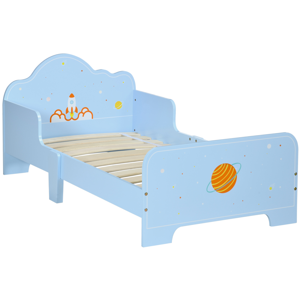 Zonekiz toddler bed with space-themed patterns, featuring colorful planets and stars, designed for boys and girls aged 3-6 years.