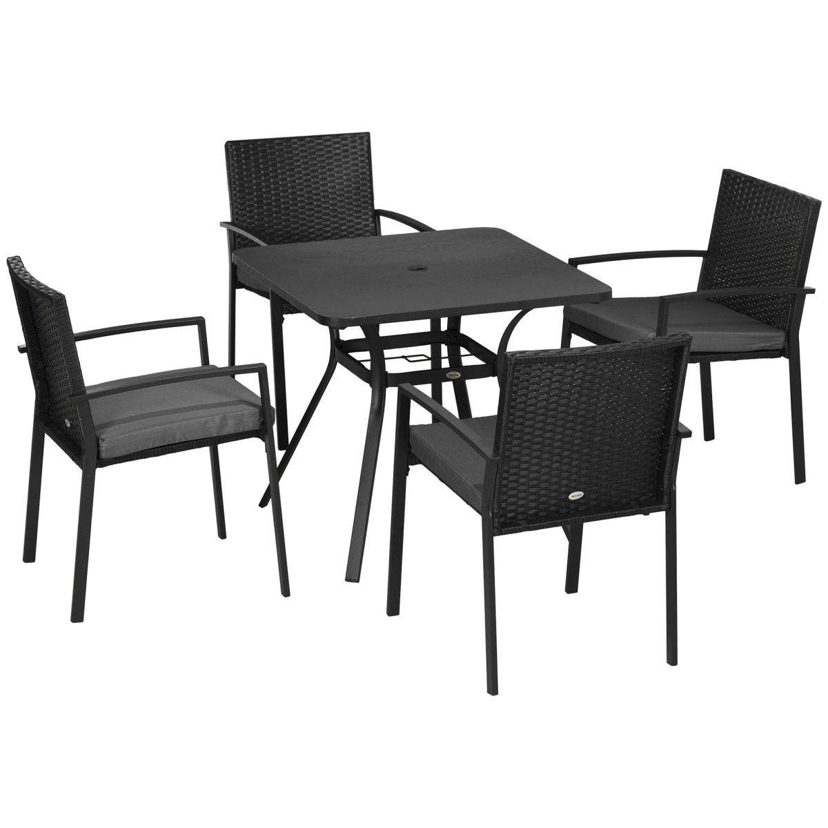 Outsunny black 4-seater rattan garden dining set with table, chairs, and umbrella hole for outdoor use