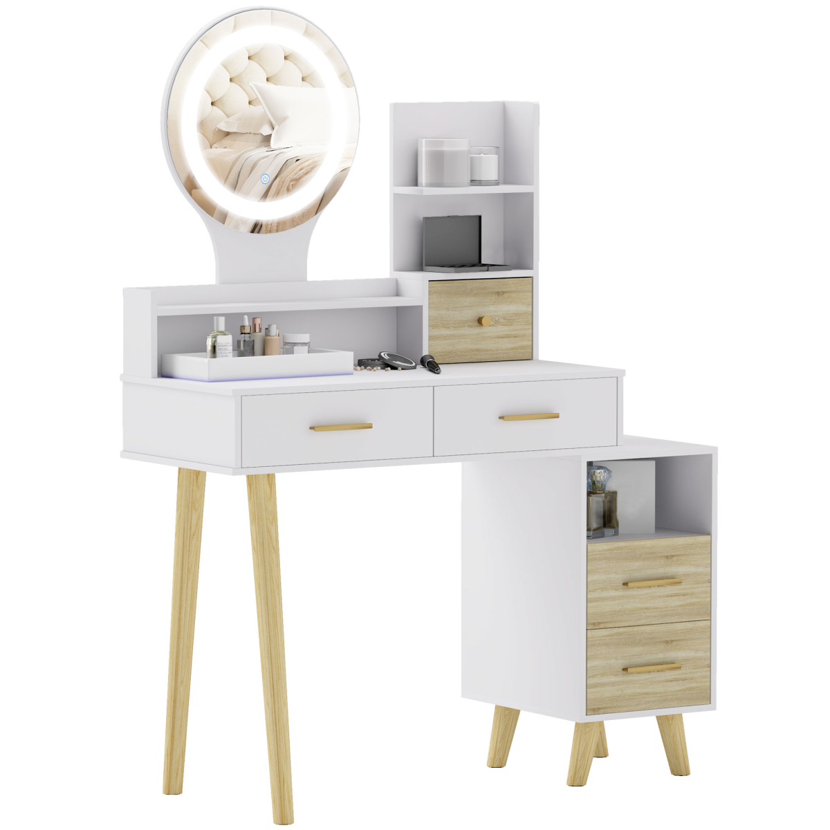 Dressing Table with Mirror, Vanity Table with LED Lights, White
