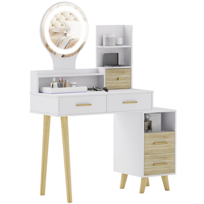Dressing Table with Mirror, Vanity Table with LED Lights, White