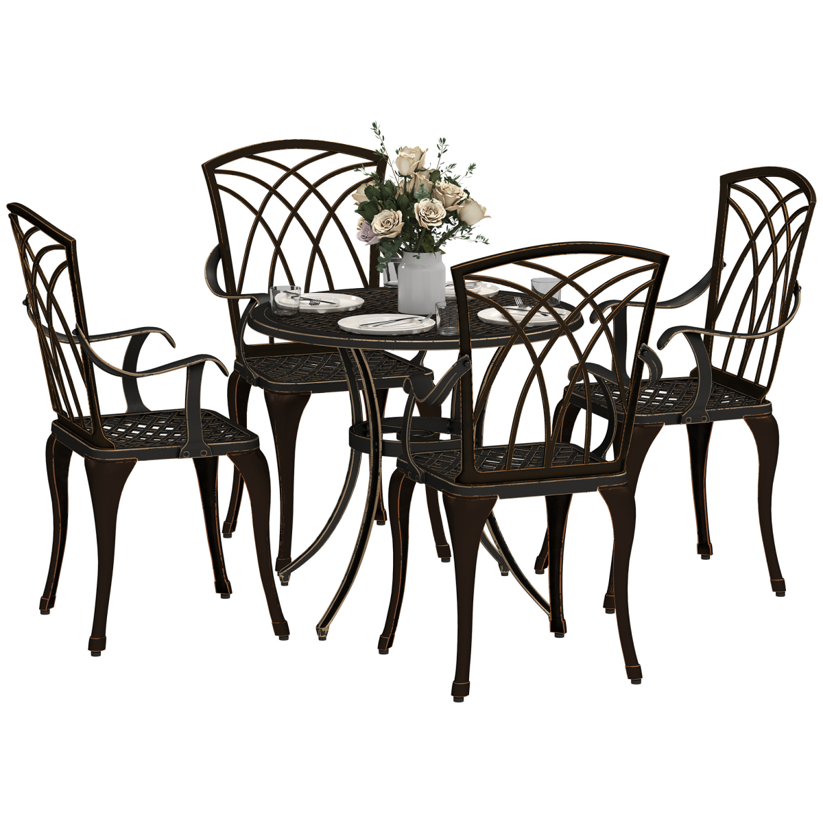 Set of 5 bronze-tone Outsunny garden dining furniture pieces with table and chairs for outdoor patio use.