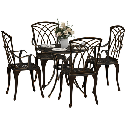 Set of 5 bronze-tone Outsunny garden dining furniture pieces with table and chairs for outdoor patio use.