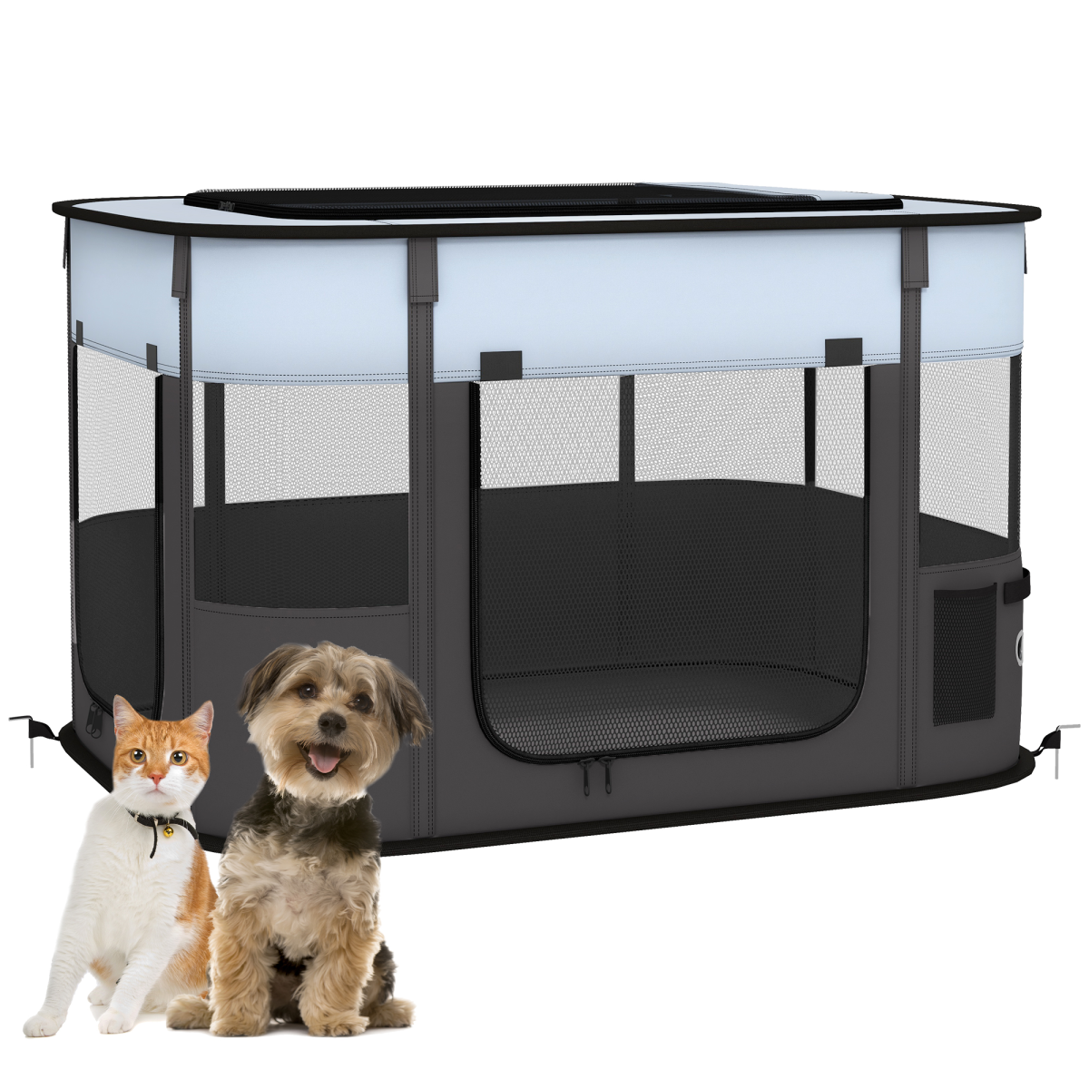 Grey portable dog pen by PawHut for puppies, rabbits, kittens, and guinea pigs, showcasing a secure, collapsible enclosure.