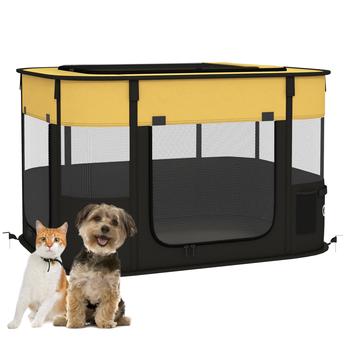 Yellow portable dog pen by PawHut, suitable for puppies, rabbits, kittens, and guinea pigs, showing the collapsible wire enclosure.