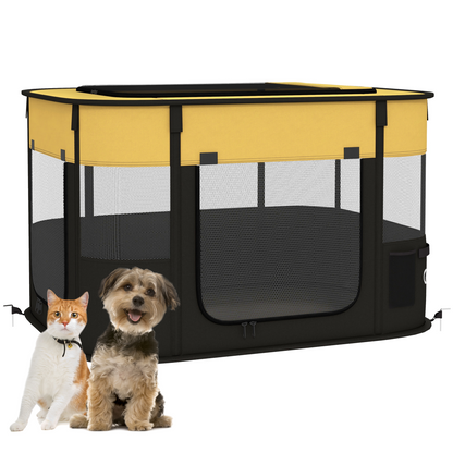 Yellow portable dog pen by PawHut, suitable for puppies, rabbits, kittens, and guinea pigs, showing the collapsible wire enclosure.
