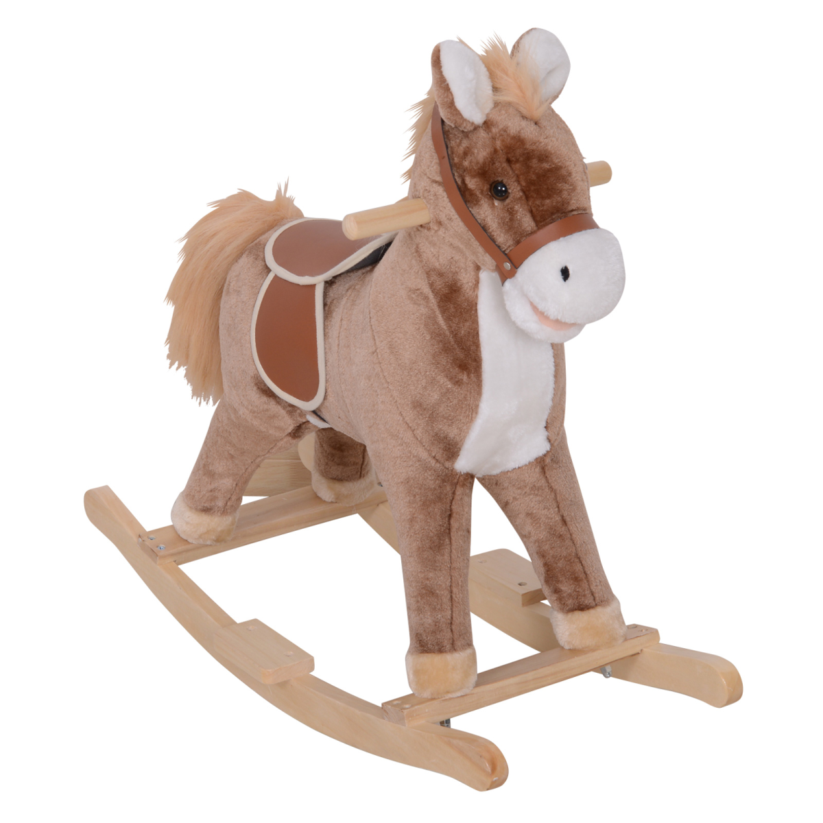 HOMCOM wooden kids rocking horse with plush seat for children aged 3, ride-on toy with sturdy wooden frame and soft plush details.