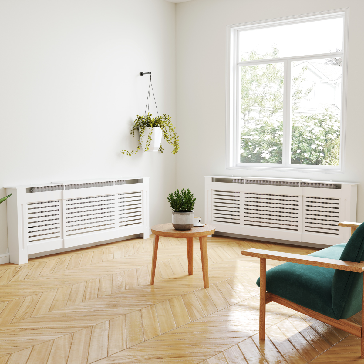 Set of 2 radiator covers with slatted panels for home heating units, designed to protect and enhance radiator appearance
