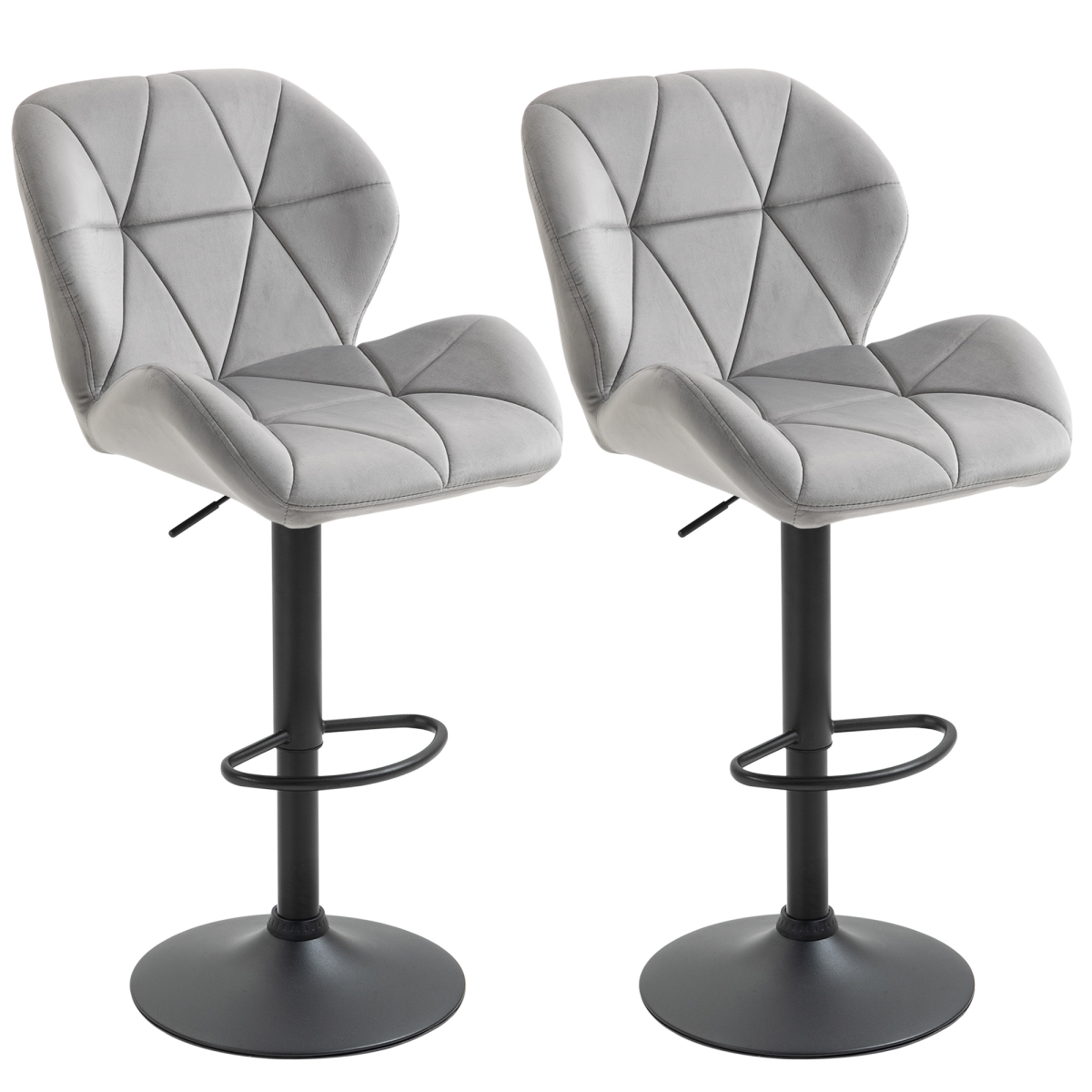 Pair of light grey fabric bar stools with adjustable height and metal bases, perfect for kitchen counters or bars.