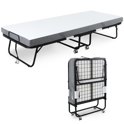 HOMCOM folding guest bed with 10cm mattress, portable metal frame, shown in folded position for easy storage and transport.