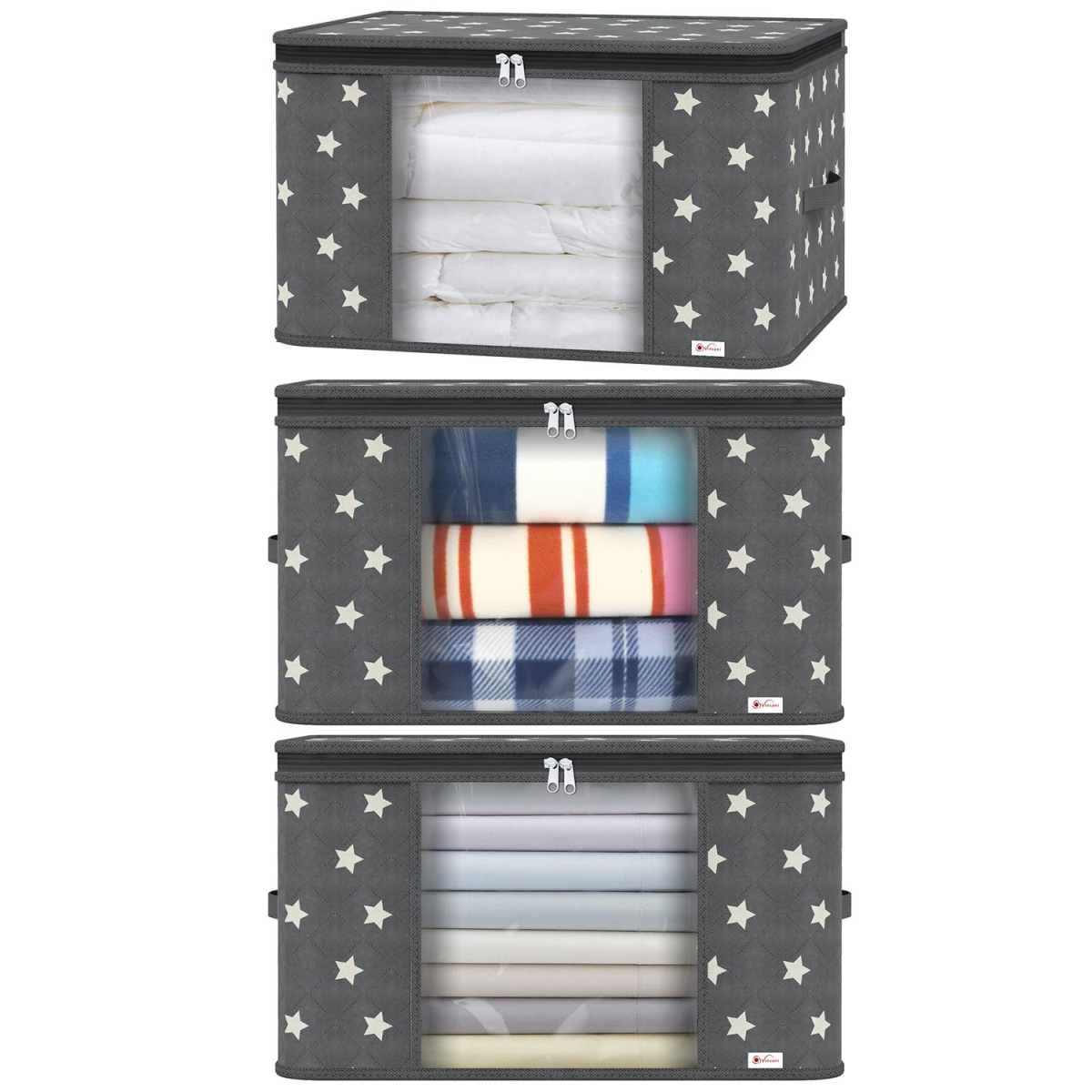 3-Piece Deluxe Storage Bags – Large Grey Star Organisers with Clear Window