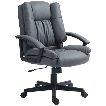 HOMCOM faux leather home office chair with dark grey mid-back design, armrests, suitable for desk or workspace comfort.