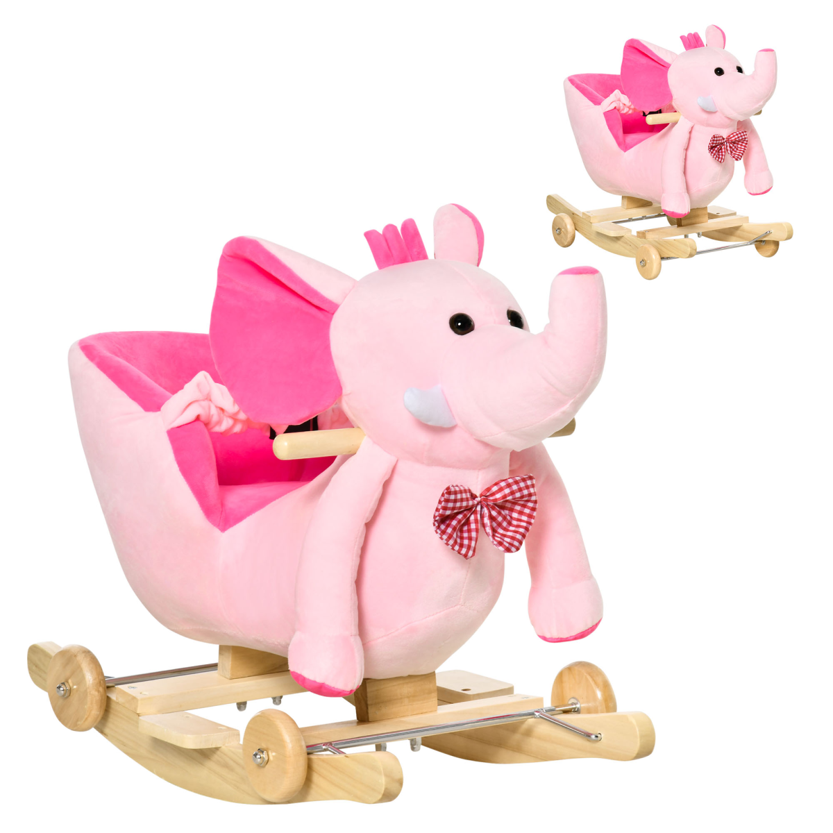 Pink HOMCOM 2-in-1 baby rocking horse and ride-on elephant with wheels, musical features, designed for young children.