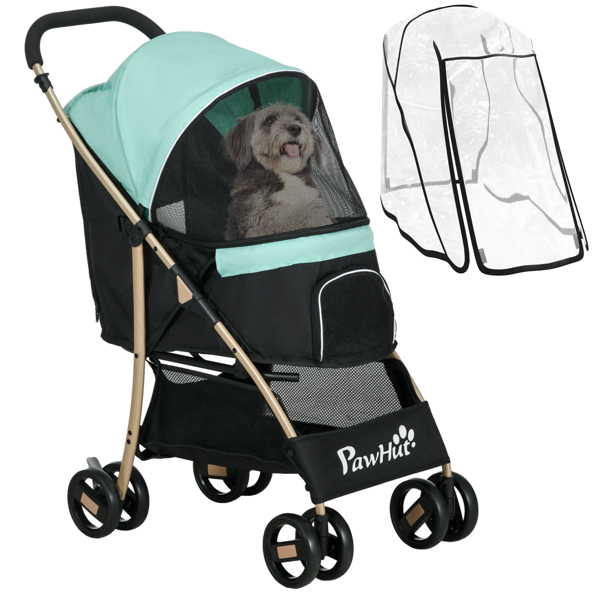 Green PawHut pet stroller for small dogs with rain cover, featuring a compact design and breathable mesh sides.