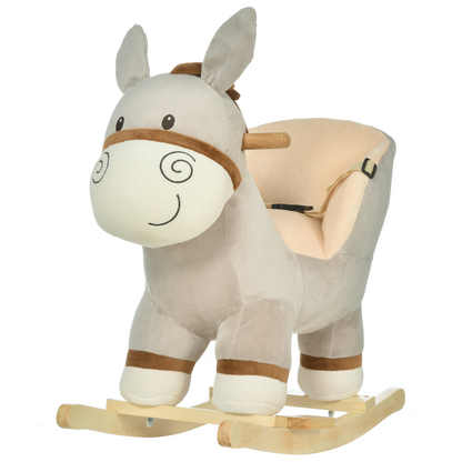 Kids ride-on rocking donkey with plush body, sound features, handlebars, and seat belt for safety, perfect for children.